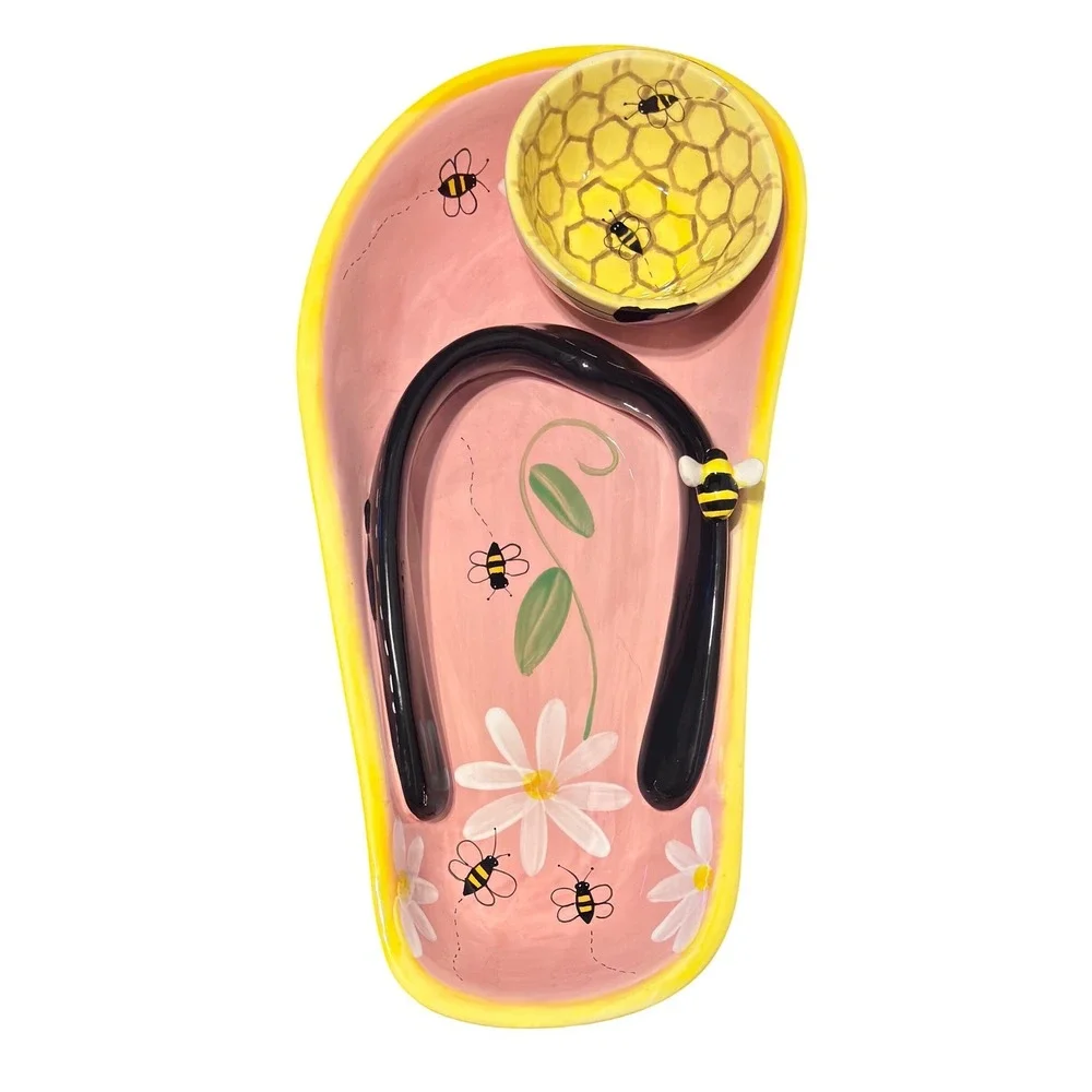 Flip Flop Chip and Dip‎ Server Women OS Pink Yellow Excellent Bumble Bees Daisy